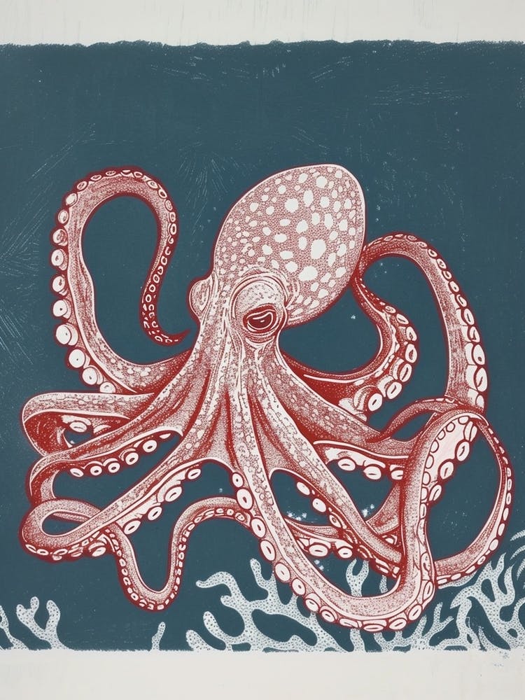 Detailed Red & Navy Linocut Octopus 1