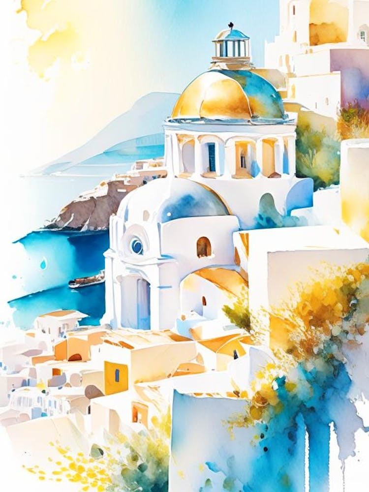 Santorini Greece Buildings Watercolour Pastel Tropical Destination