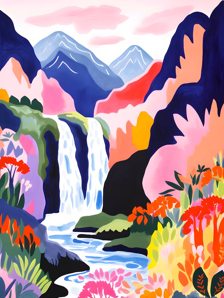 Farbenfroher Wasserfall & Berglandschaft Lebendige Natur Wandkunst im modernen abstrakten Stil