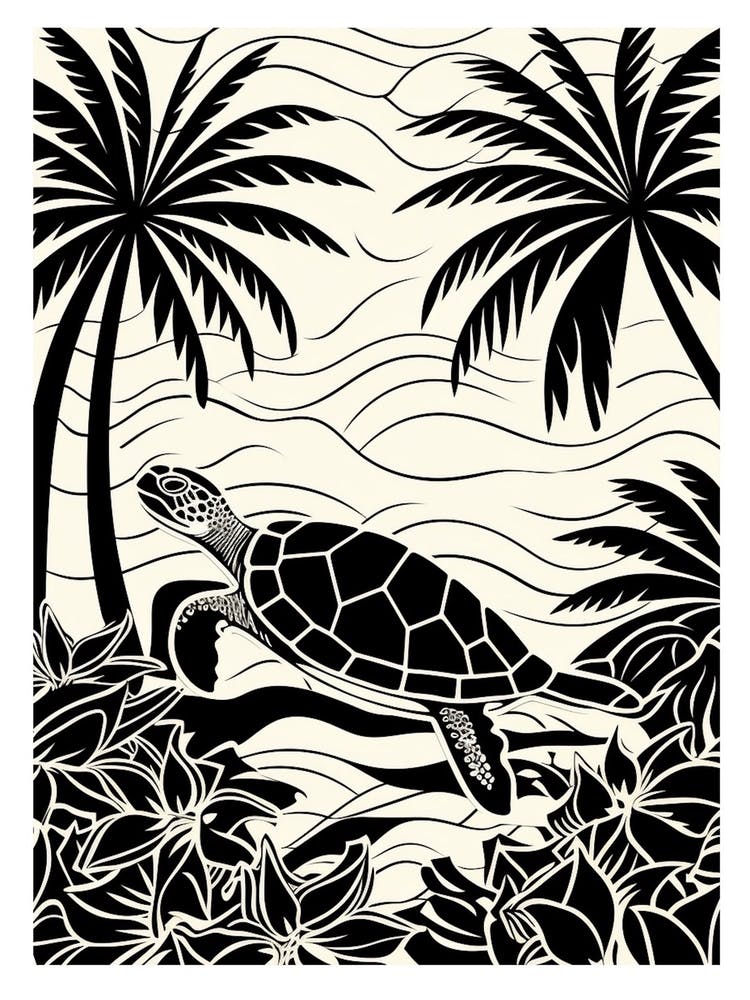 Modern Digital Sea Turtle Illustration Palm Trees 5