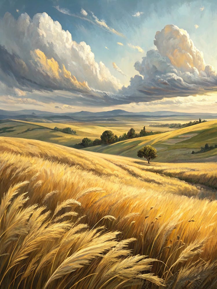 Oil Painting Style Open Prairie With Wind Formed