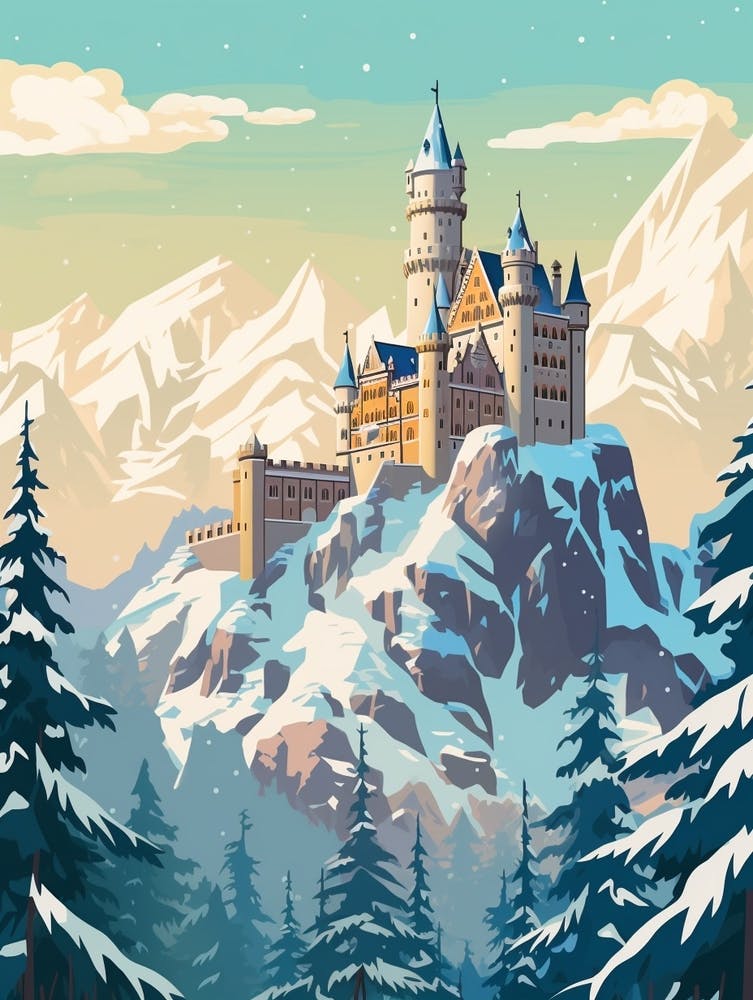 Vintage Winter Travel Illustration Schloss Neuschwanstein Germany 5