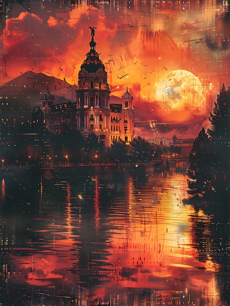 Sonnenuntergang über dem See, Stadtbild-Collage Retro