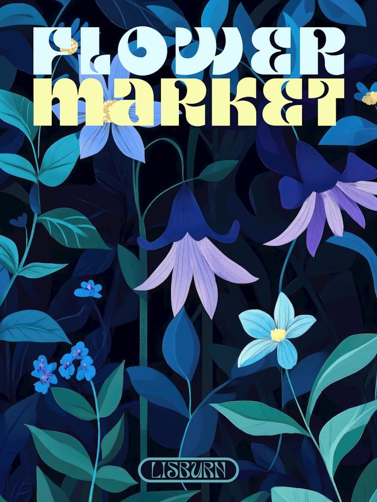 Lisburn Stadt Druck Blumenmarkt Poster in dunklem Blau, retro-ästhetische Blumenillustration mit Typografie im 70er-Jahre-Stil, Vintage-Reisebilder perfekt für eklektische Wohnzimmer, Schlafzimmer, Küchen, Eingangsbereiche