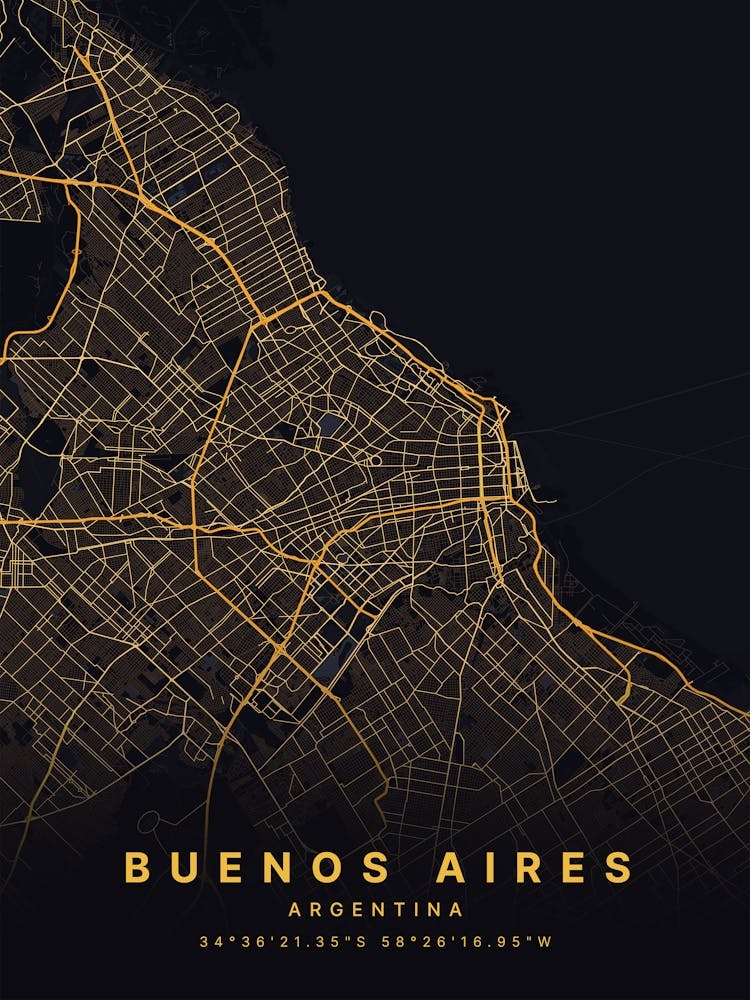 Buenos Aires Argentina Black And Gold Map
