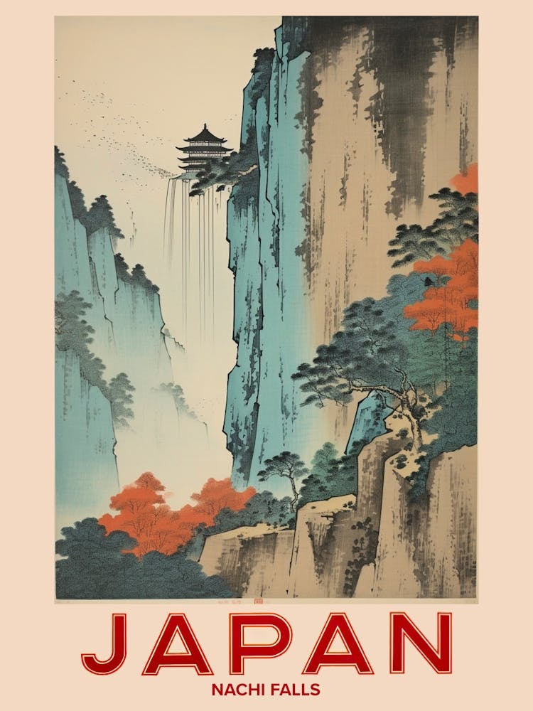 Nachi Falls, Visit Japan Vintage Travel Art 3