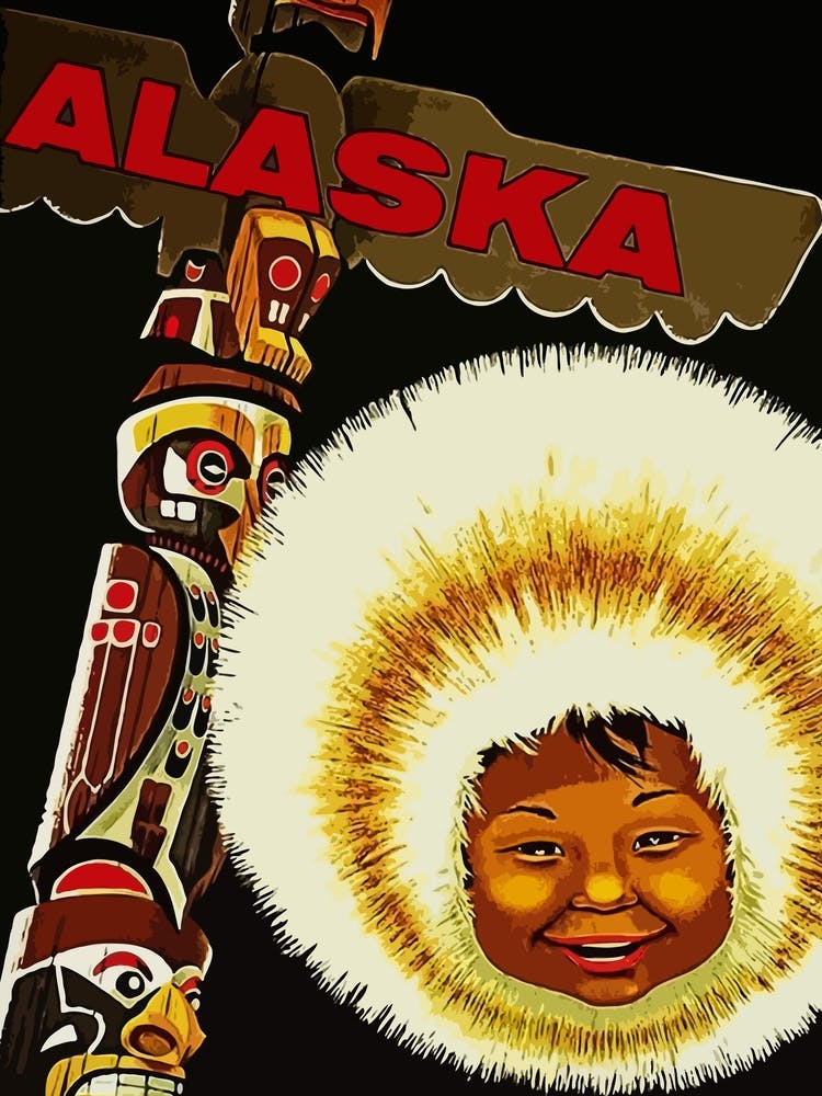 Alaska, Smiling Eskimo And A Wooden Totem