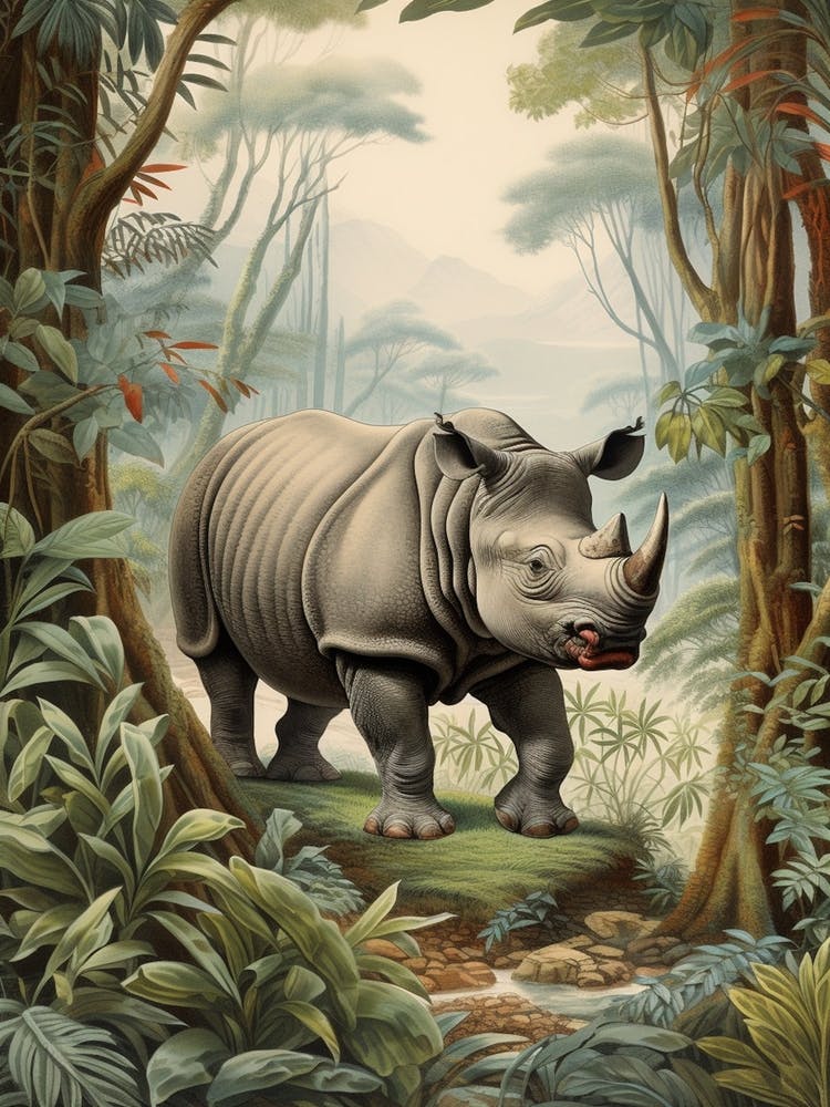 Rhino In The Archway Of The Trees Realistic Illustration 3