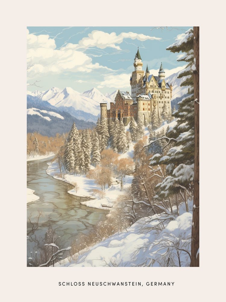 Vintage Winter Poster Schloss Neuschwanstein Germany 2