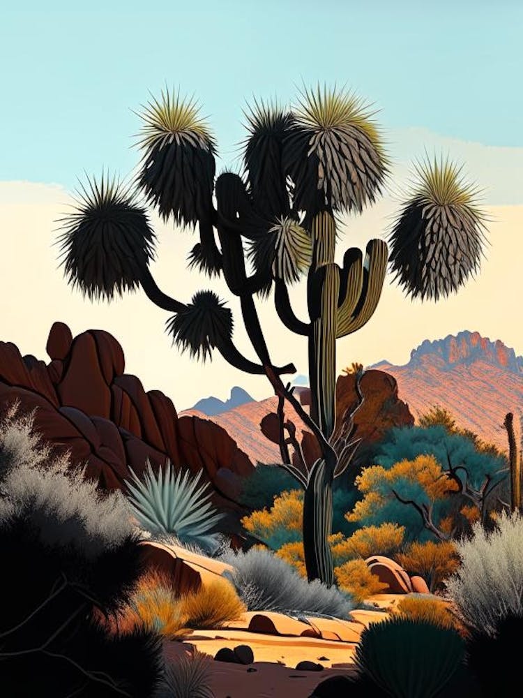 Joshua Tree In Mountain Foothill Vintage Botanical Line Drawing  (1)