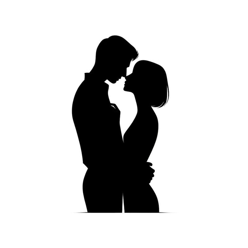 Title: "Embrace in Contrast"  Description: "Embrace in Contrast" offers a powerful depiction of love through a minimalist silhouette, where two figures are locked in an intimate embrace. This stark black and white image symbolizes pure connection and unit