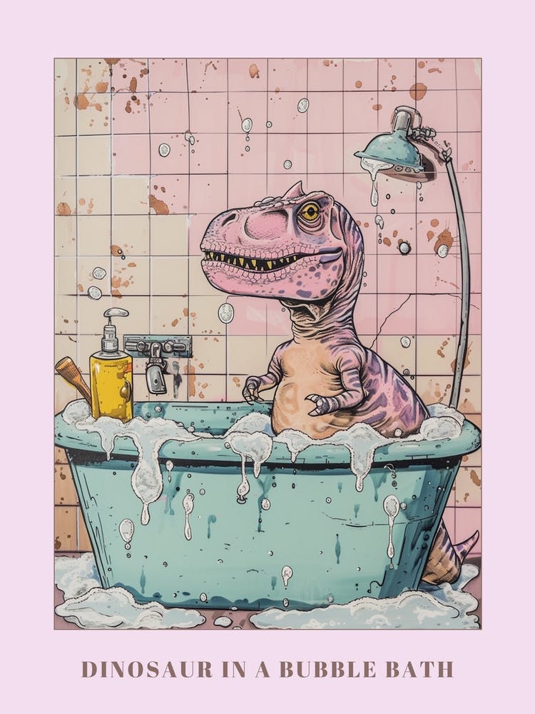 Dinosaur In The Bubble Bath Pastel Pink Abstract Illustration 2 Poster