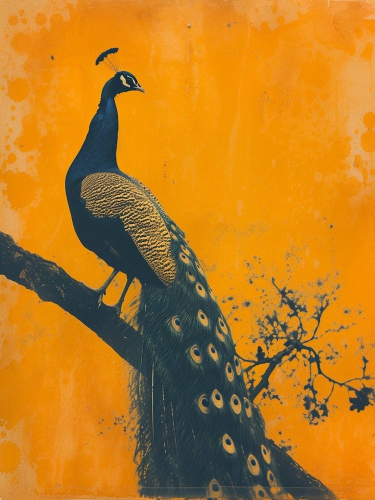 Vintage Orange & Navy Blue Peacock On A Tree Branch 3
