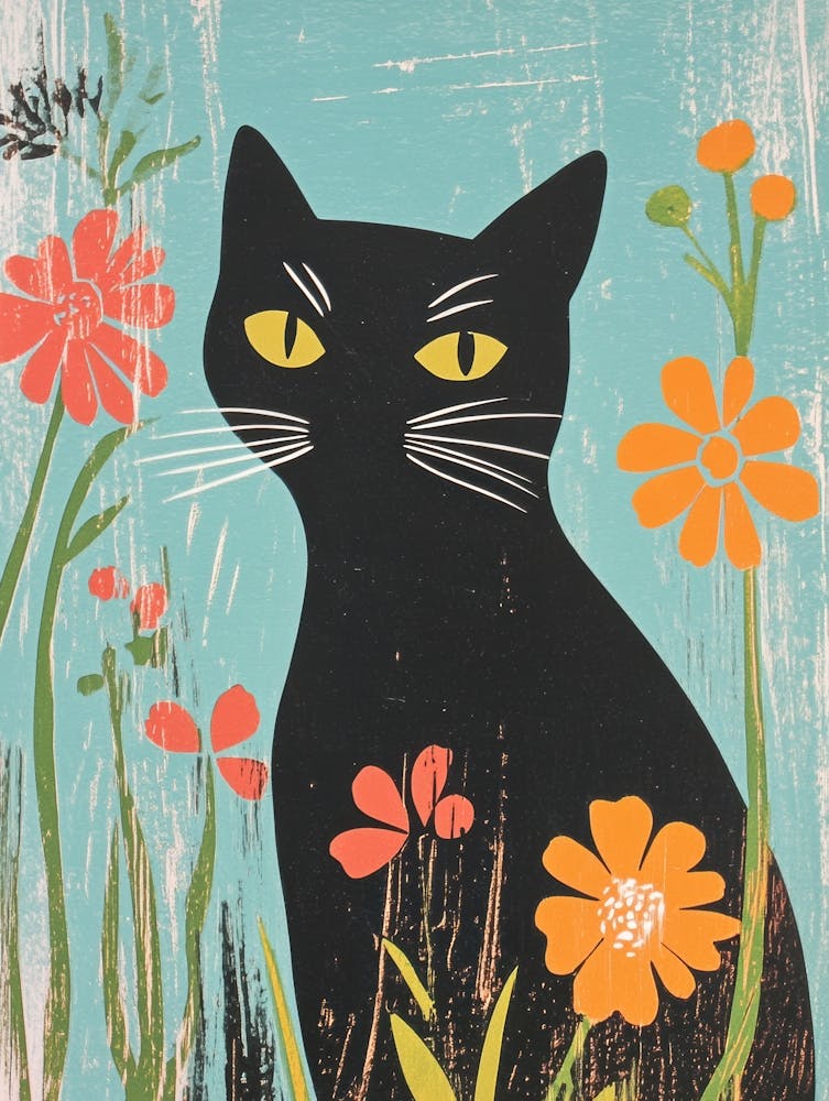 Black Cat In Flowers 7
