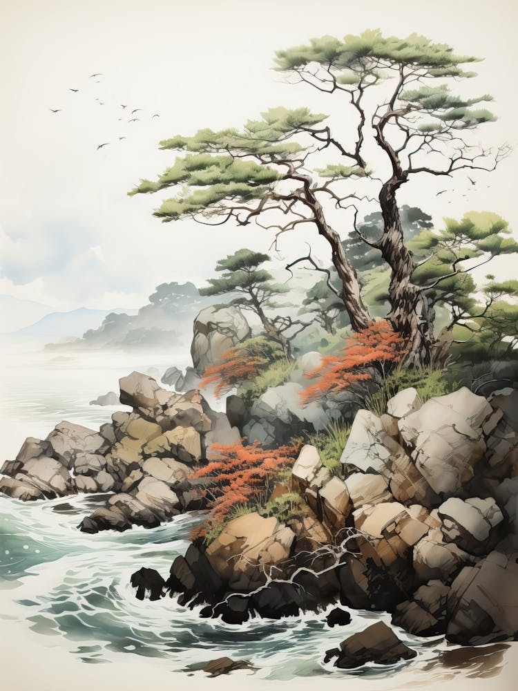 Aogashima Island In Tokyo, Japanese Brush Painting, Ukiyo E, Minimal 1