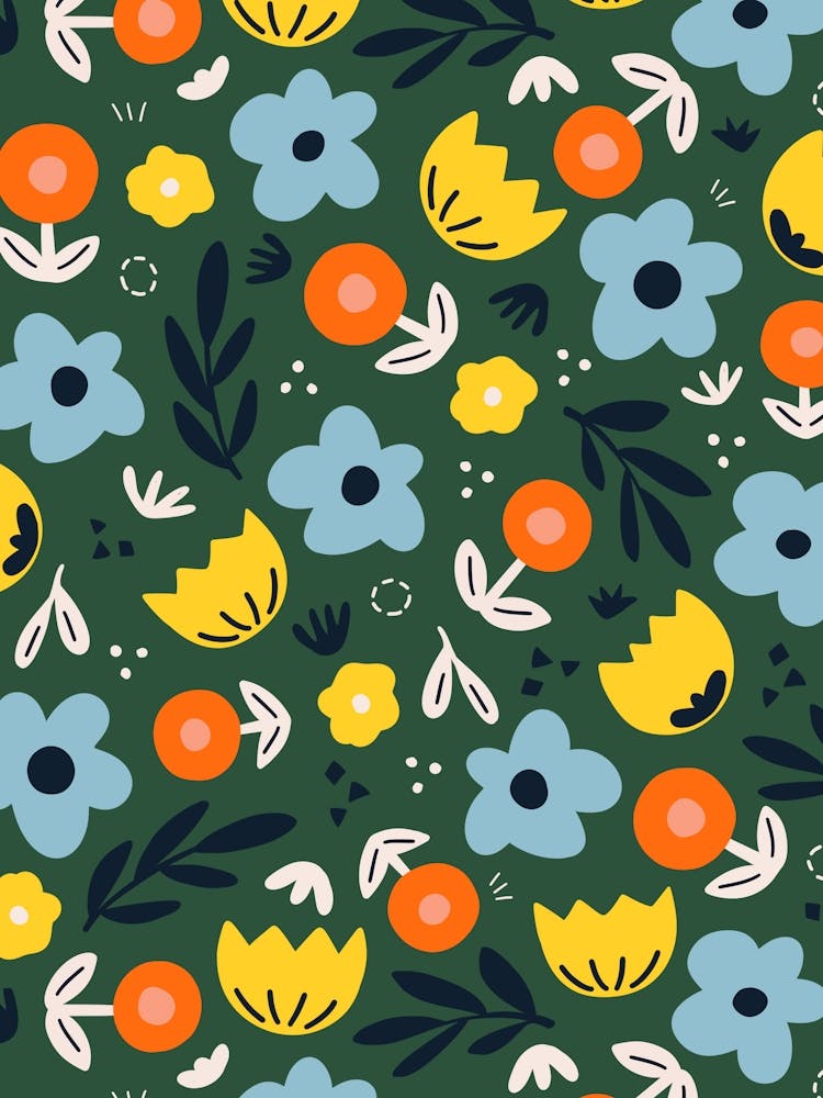 Scandi Folk Art Wild Flowers Multicolor on Hunter Green