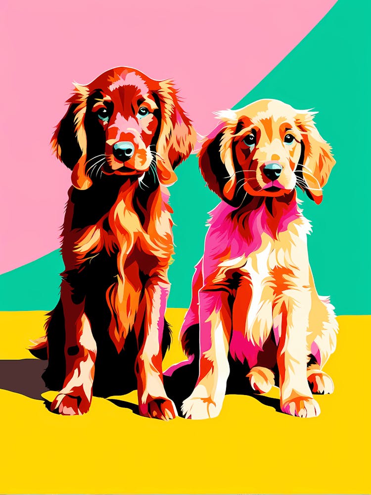 'Irish Setter Pups', This Contemporary art brings POP Art and Flat Vector Art Together, Colorful Art, Animal Art, Home Decor, Kids Room Decor, Puppy Bank - 91st