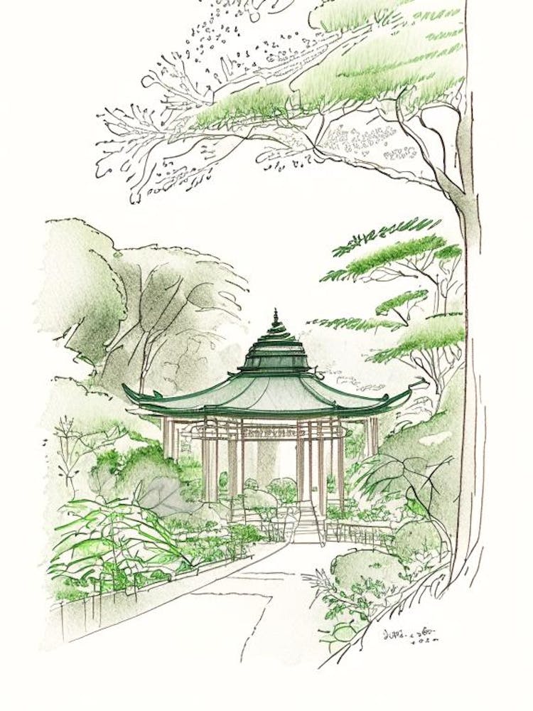 Meiji Shrine Inner Garden, Japan Vintage Pencil Drawing