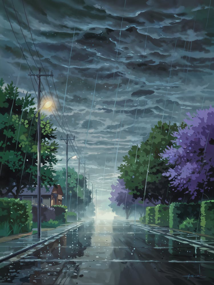 Anime Canvas Art: Moody Rainy Suburban Street with Storm Clouds and Reflections, Perfect for Lofi Aesthetic and Atmospheric Urban Art Fans.