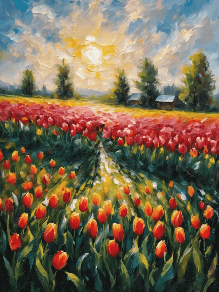 Tulips in the Meadow ~ Spring Summer Oil Painting Vibrant Countryside Summer Landscape Feature Wall Decor - Botanical Beautiful
