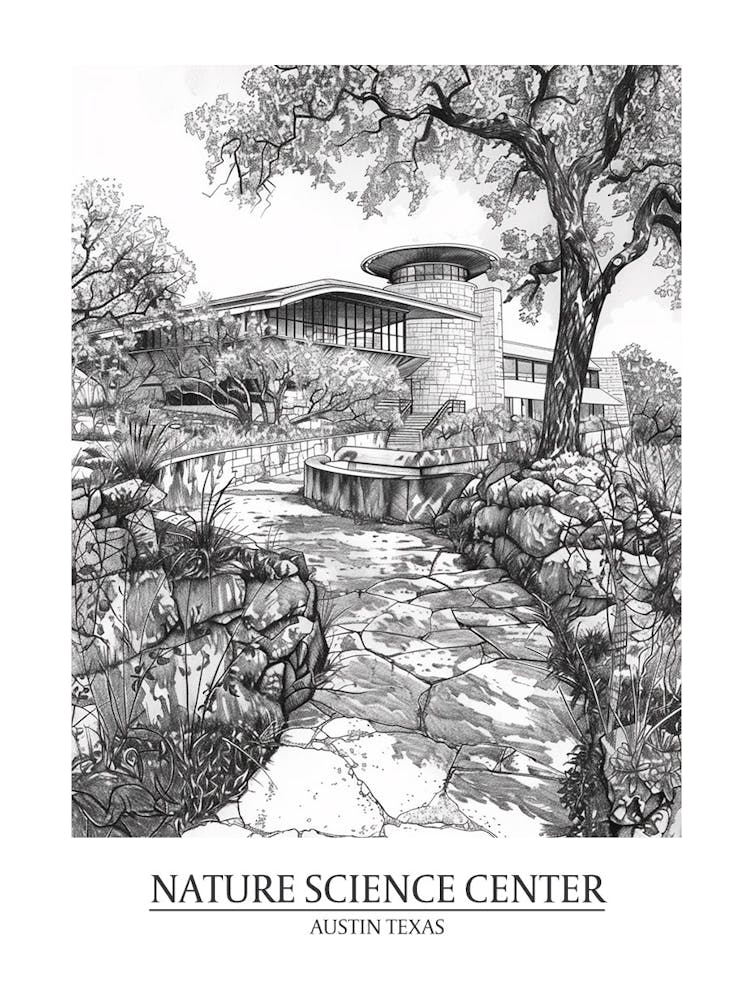 Nature Science Center Austin Texas Black And White Drawing 1 Poster