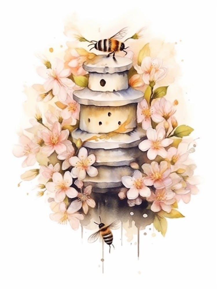 Beehive With Apple Blossom Watercolour Illustration 3