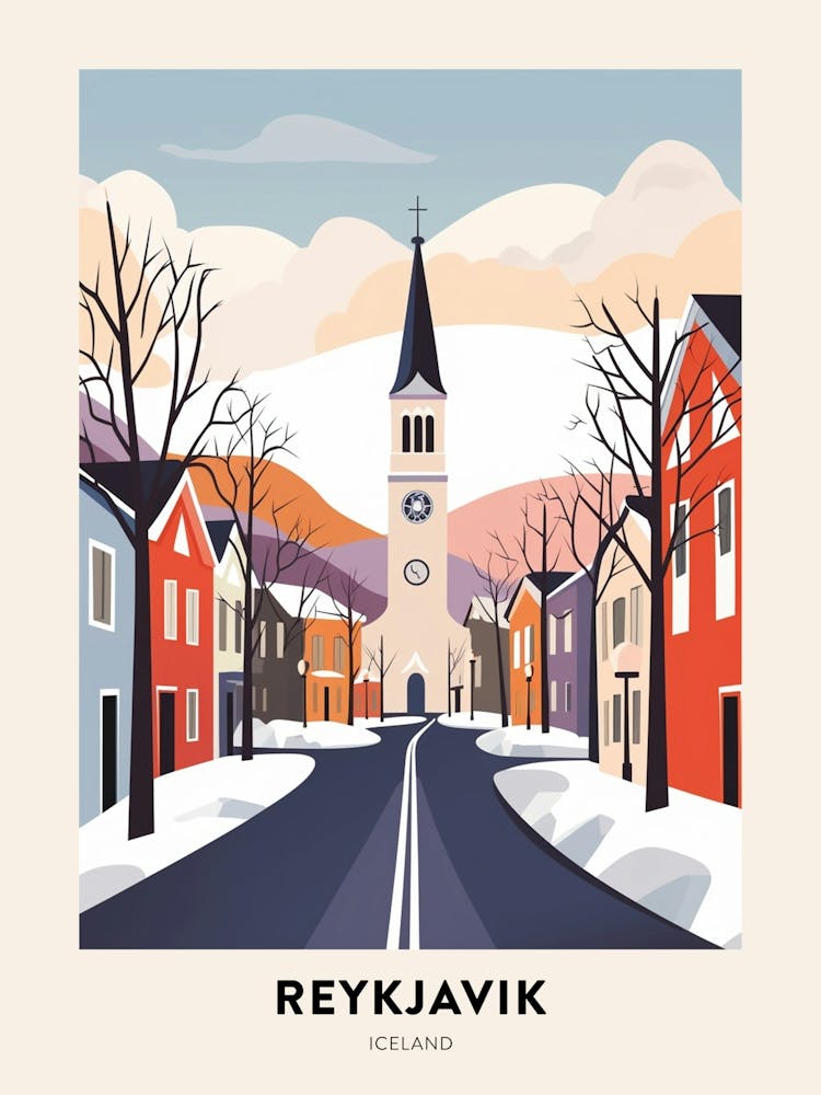 Vintage Winter Travel Poster Reykjavik Iceland 4