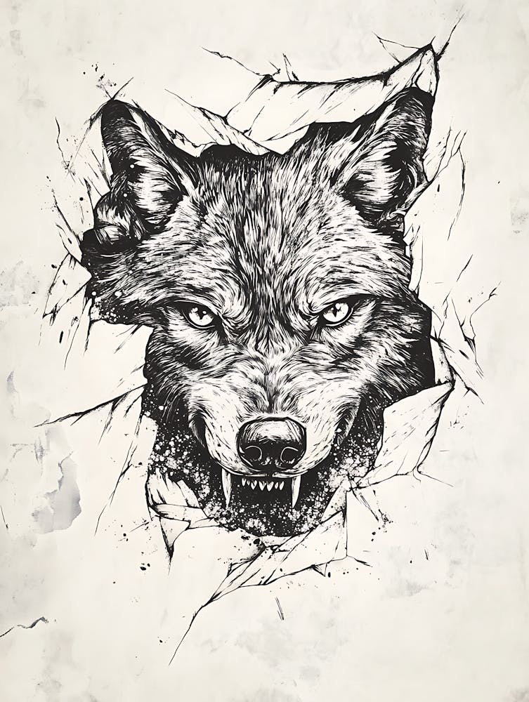 Angry Wolf Watching from Wall Hole 4