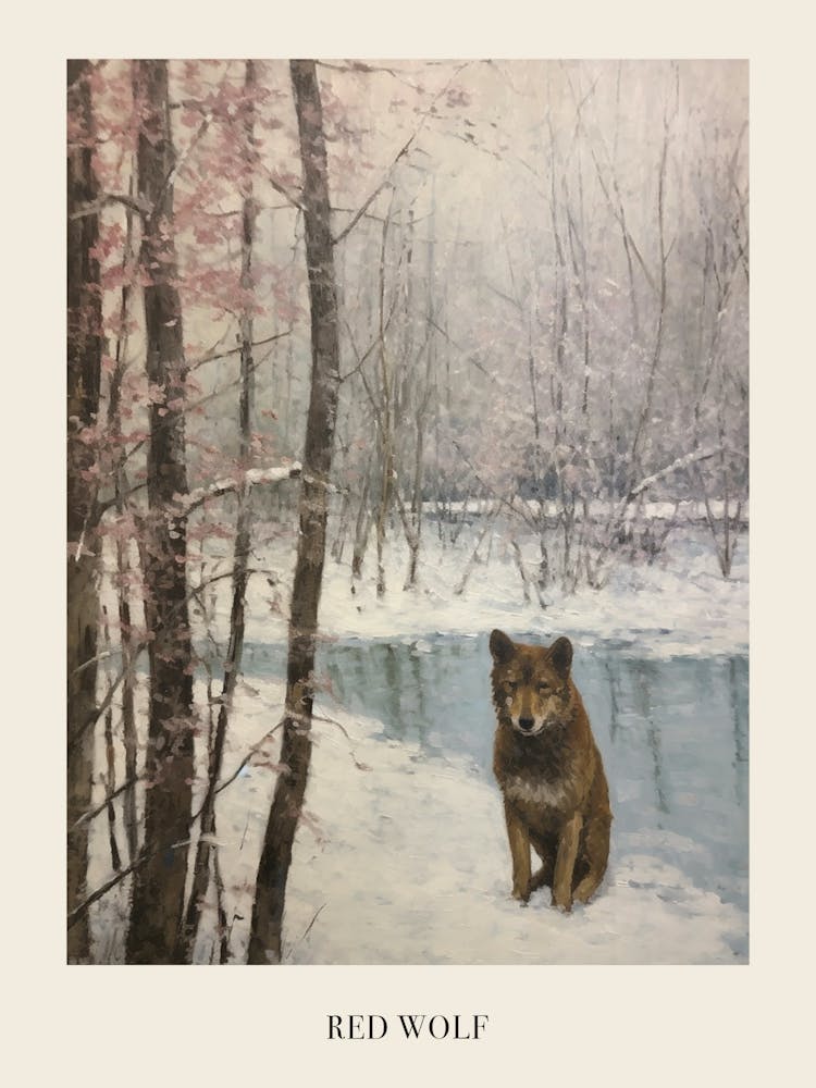 Vintage Winter Animal Painting Poster Red Wolf 5