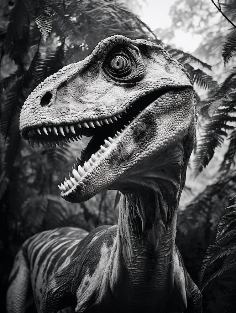 Black And White Photograph Of A Velociraptor