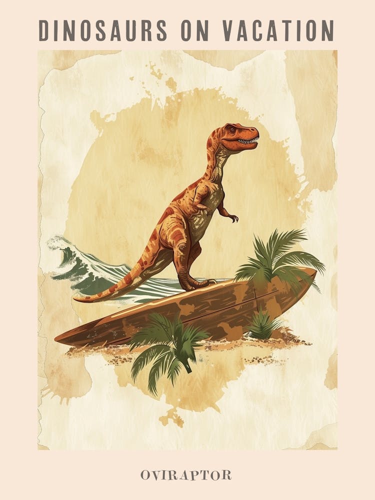 Vintage Oviraptor Dinosaur On A Surf Board 1 Poster