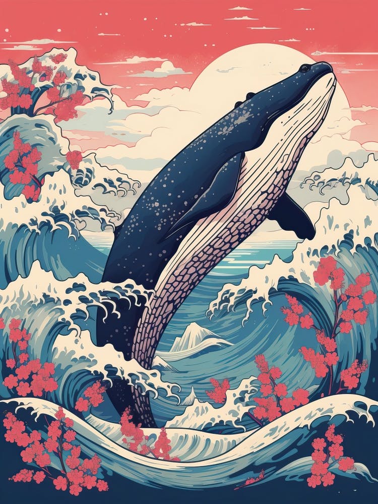 Whale Animal Drawing In The Style Of Ukiyo E 1