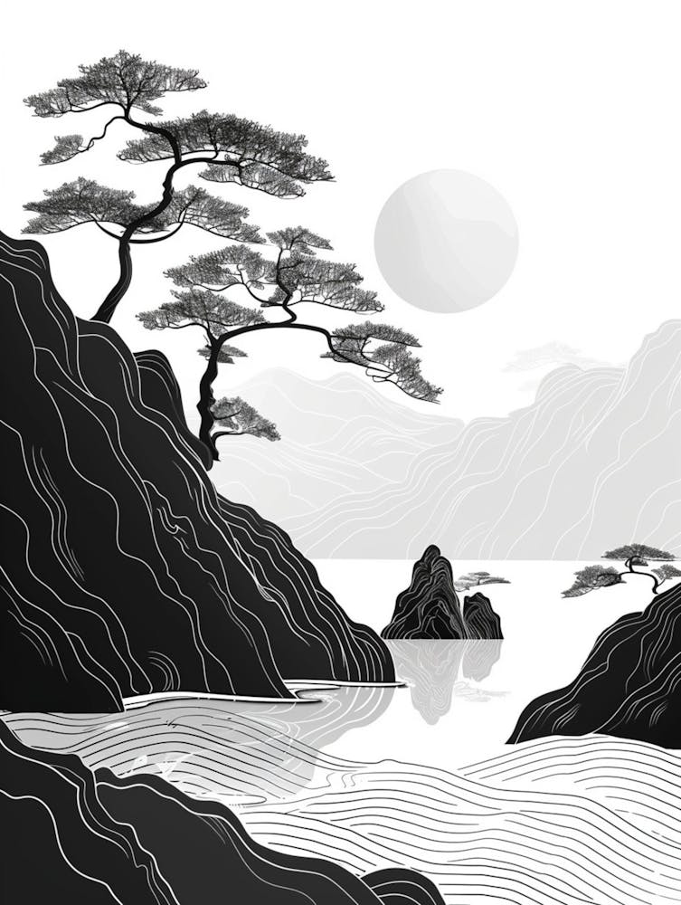 Chinese Landscape, Linear, Woodcut Style, Black And White, Flat, Chinese Culture Inspired, Minimalism, Abstract Outlines, Elegant Layout 1