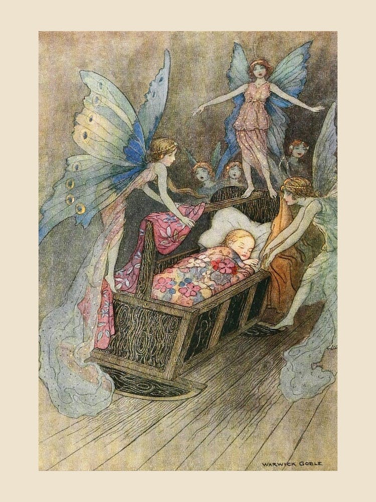 Fairies Around A Child In A Rocking Crib, Warwick Goble