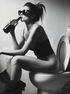 Woman Sitting On Toilet Wall Art Girl On Toilet Drinking Wine Poster Black And White Print Funny Bathroom Art Retro Wall Decor
