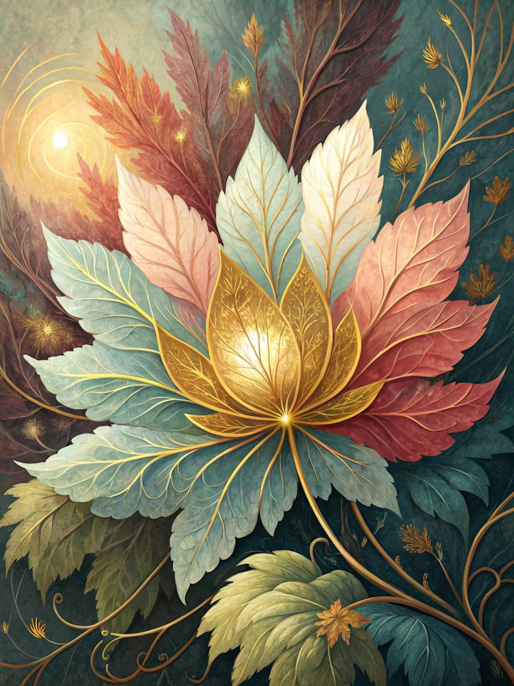 Oil Painting Style Radiating Leaf Design With Gold