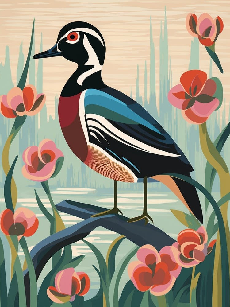 Vintage Bird Linocut Wood Duck 1