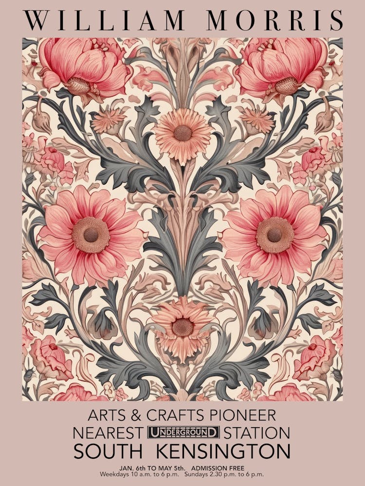 William Morris Valentines Gift Pink And Red Botanical Flowers