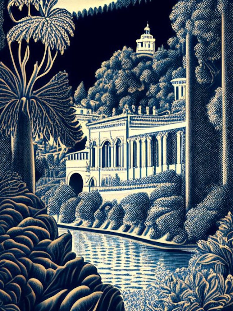 Villa D Este, Italy Linocut Black And White Vintage