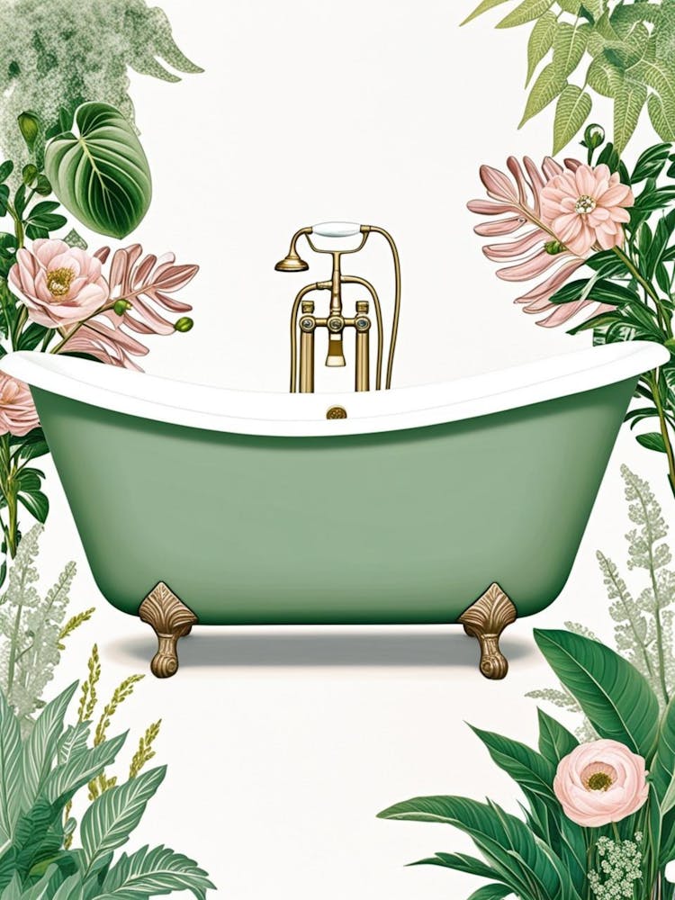 Green Bathtub With Pink Flowers