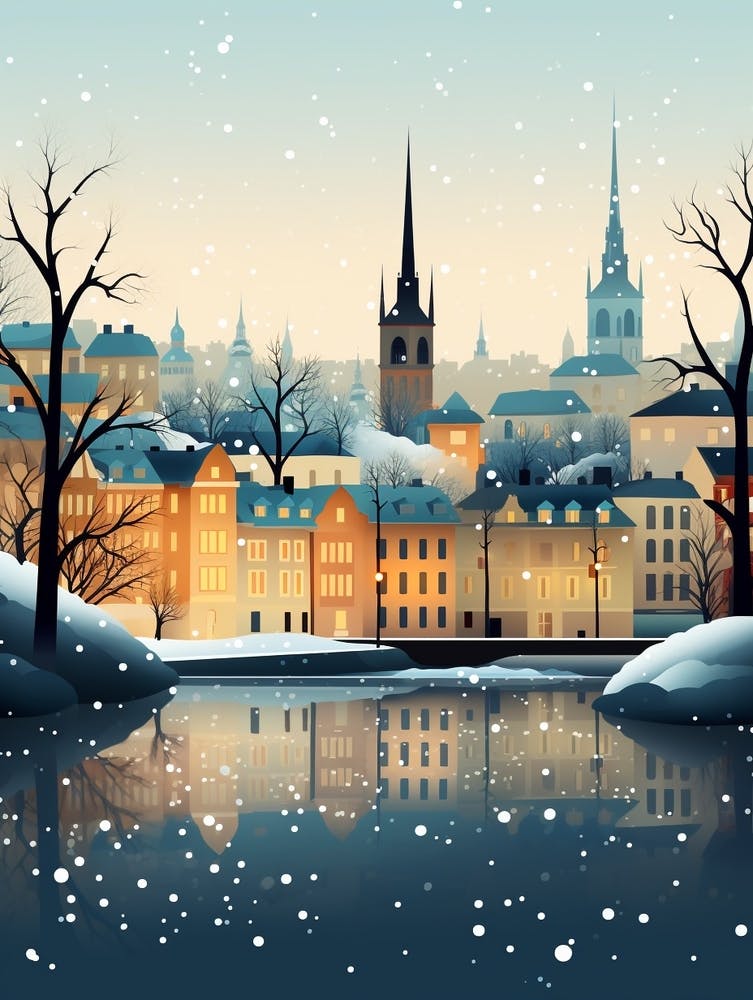 Winter Travel Night Illustration Stockholm Sweden 4