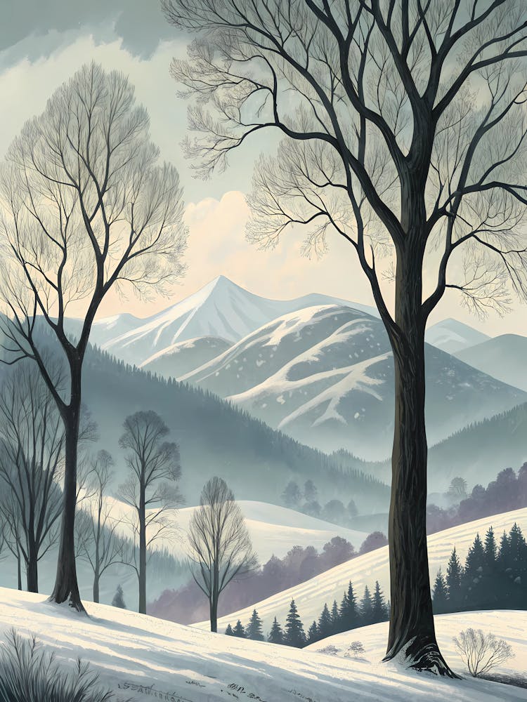 Oil Painting Style Bare Trees In Winter Against