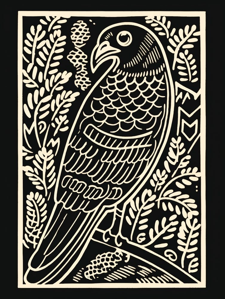 Linogravure d'oiseau N&B Faucon 2