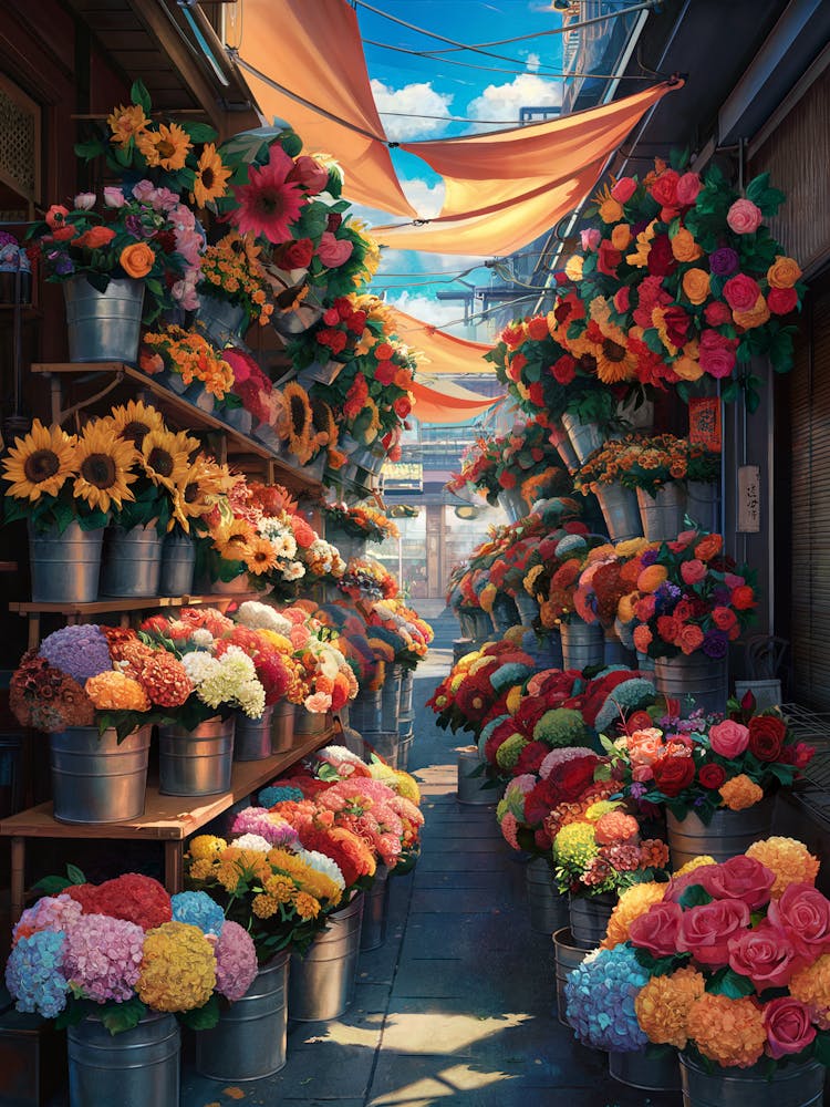 Lofi Anime Art: Vibrant urban flower stall overflowing with colorful bouquets in a bustling market. Perfect for cheerful and lively vibes.