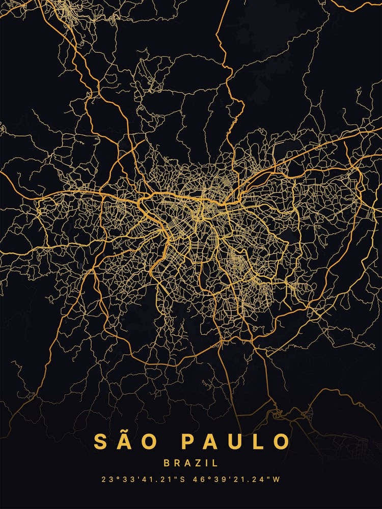 Sao Paulo Brazil Black And Gold Map