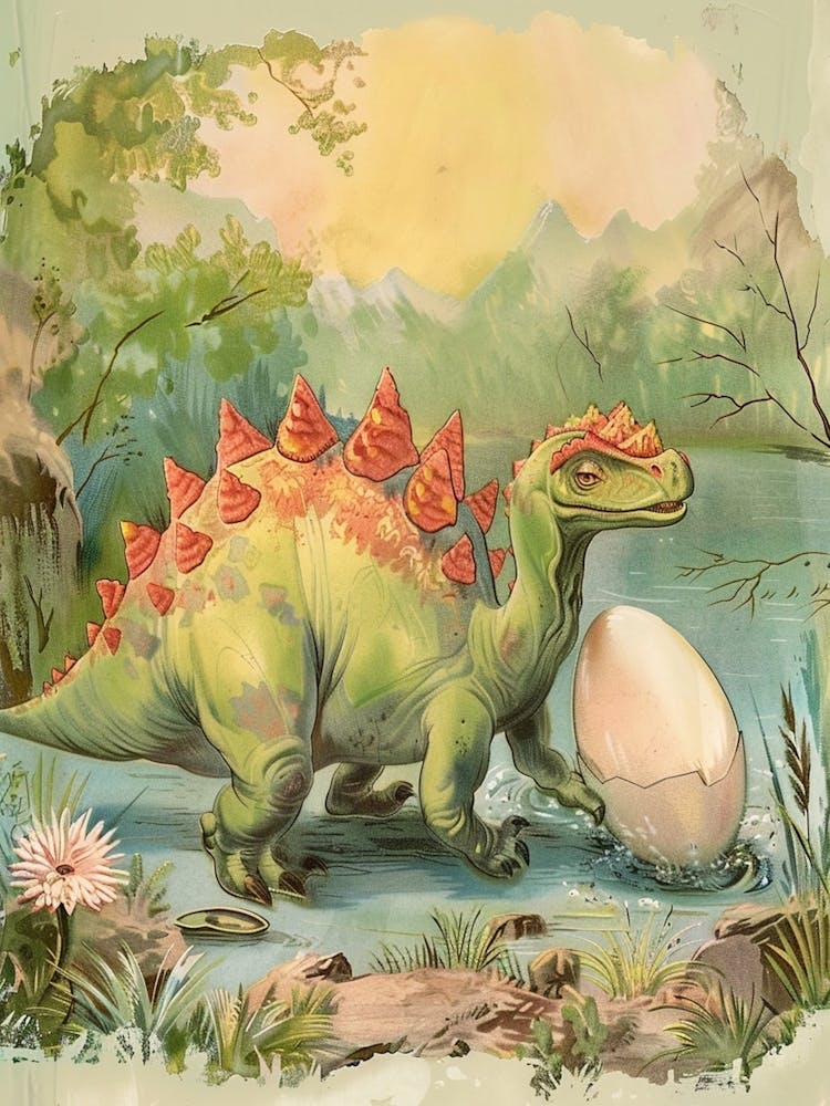 Stegosaurus Dinosaur Finds An Egg Vintage Watercolour Painting