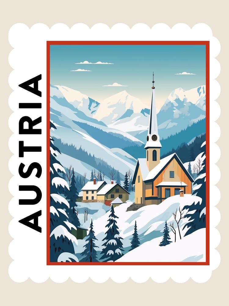 Retro Winter Stamp Poster Hallstatt Austria 2