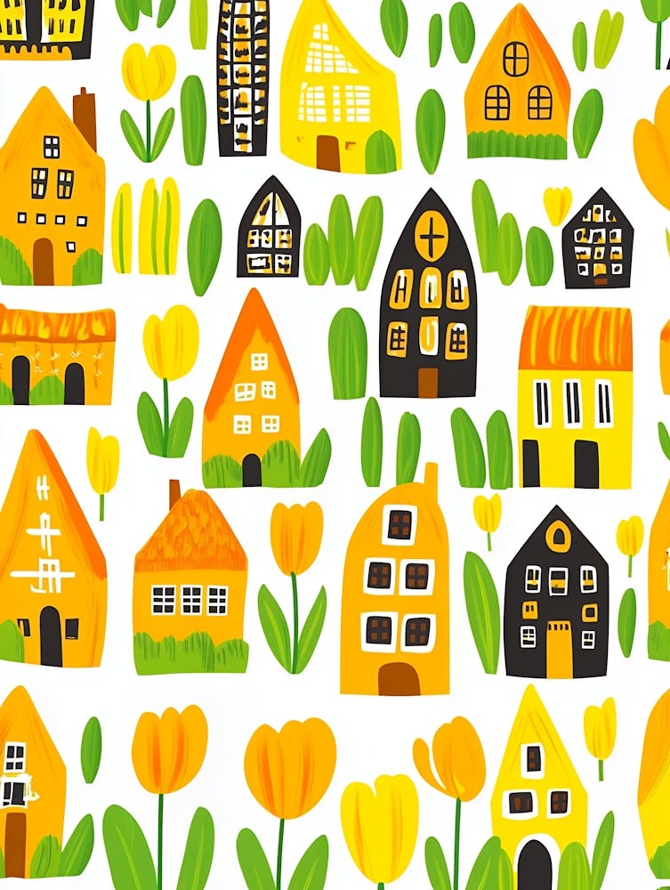 Yellow Houses And Tulips