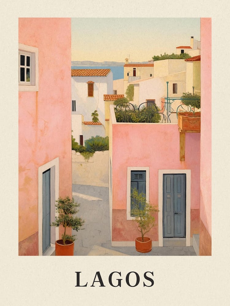 Lagos Portugal 1 Vintage Rosa Reiseillustration Poster