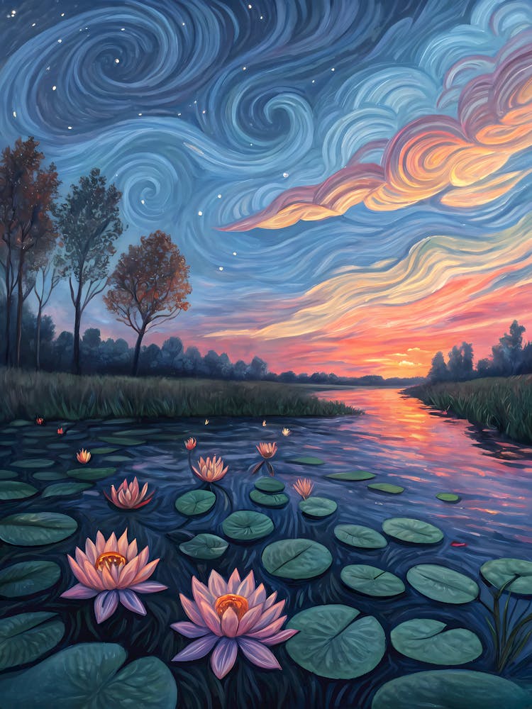 Van Gogh Lotus Pond Starry Night & Swirling Sky